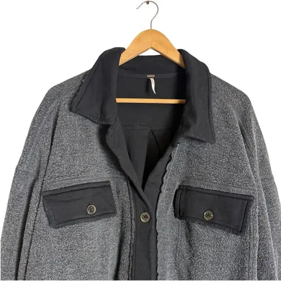 Free People Ruby Button Up Oversized Shirt Jacket Shacket Charcoal Gray Black XL - Picture 4 of 14